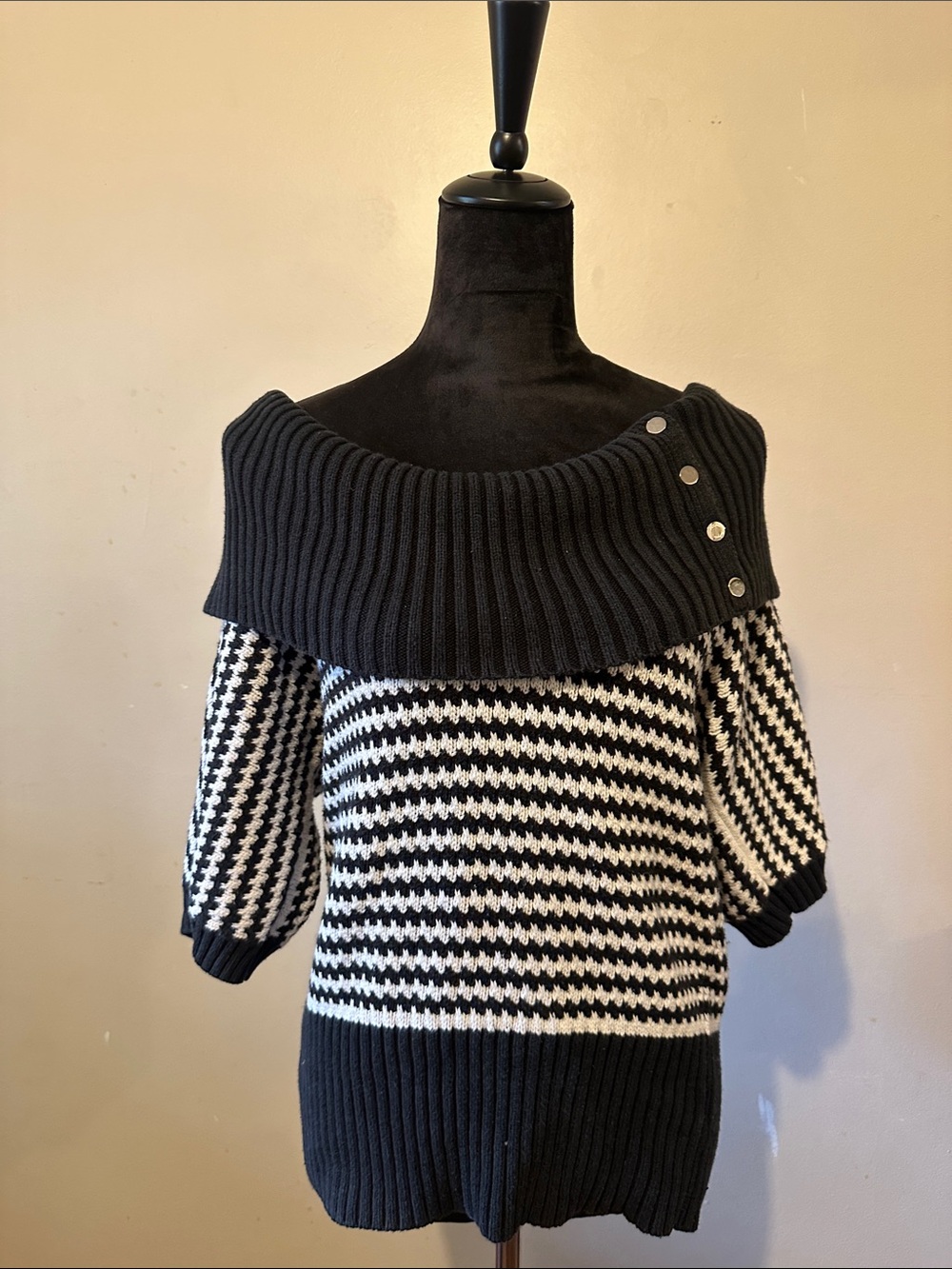 White House Black Market Black & White Off-Shoulder Button-Accent Stripe Sweater
